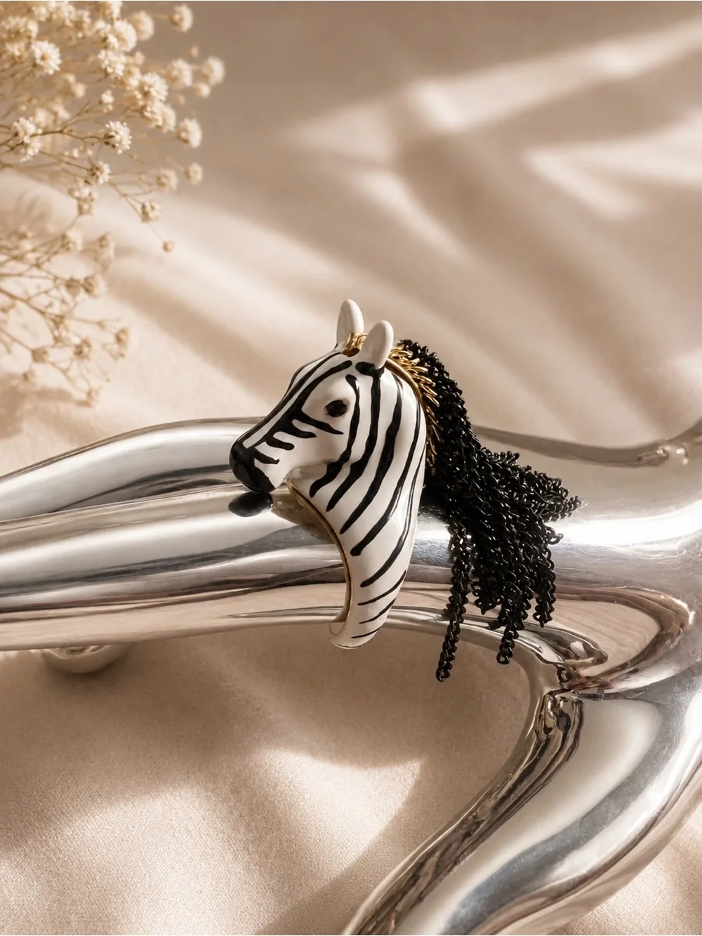 Zebra Statement Ring Black White Gold Chain Mane